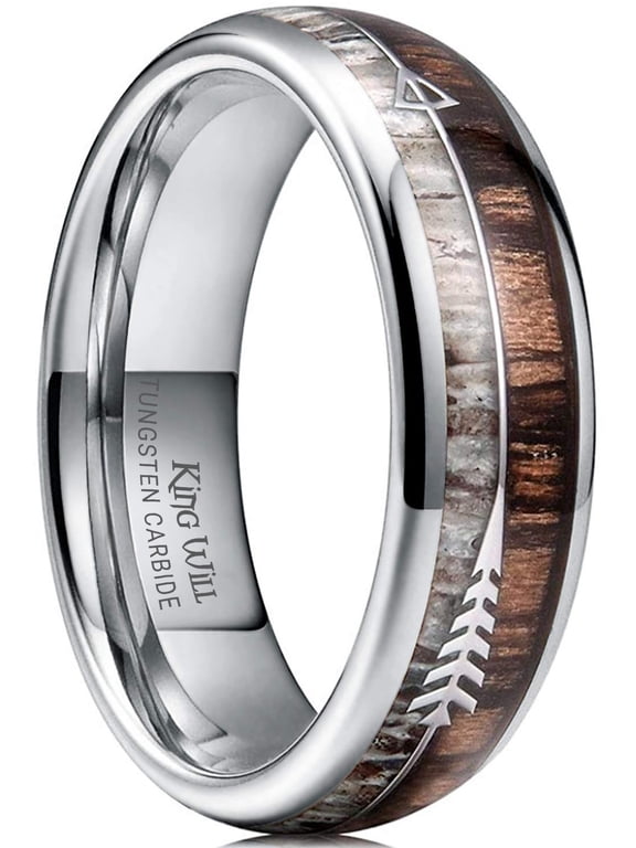 6mm Silver Tungsten Wedding Ring with Real Antler Zebra Wood Two Arrows Inlay Dome Hunting Ring Wedding Band Engagement Ring Size 10