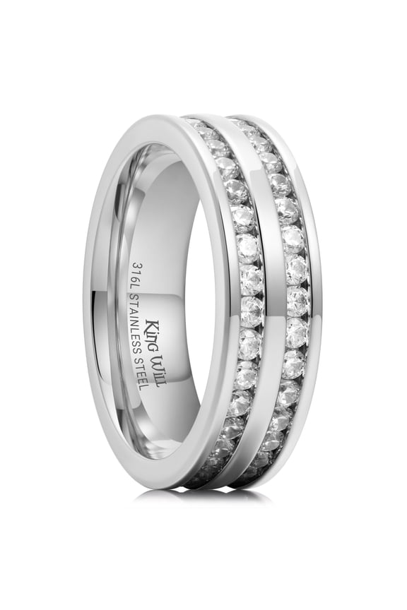 7mm Silver Stainless Steel Rings, Men's Wedding Rings White Cubic Zircon Inlay Flat Cut Ring for Men Women, Comfort Fit, Durable, Size 11