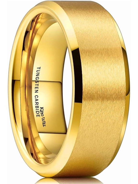 8mm Basic Wedding Band For Men Gold Plated Tungsten Ring with Brushed Matte Surface Beveled Polish Edge Comfort Fit Size 10