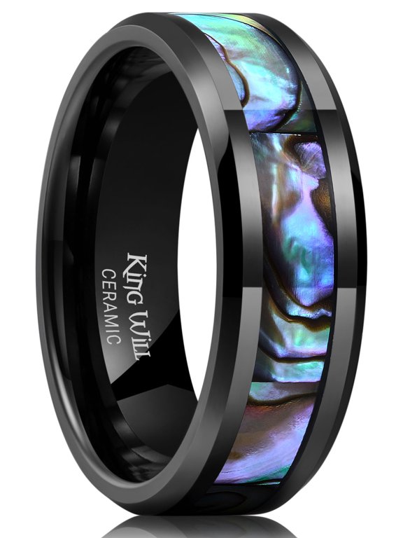 8mm Black Ceramic Ring Opal Shell Inlay Wedding Band Beveled Edge Promise Rings Comfort Fit, Size 10