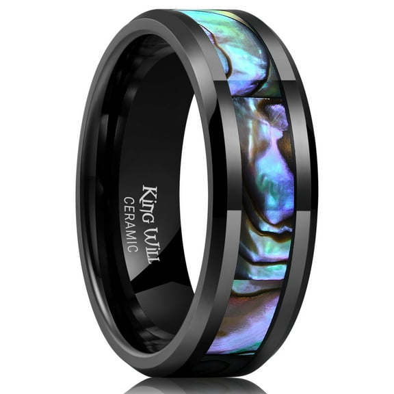 King Will 8mm Black Ceramic Ring Opal Shell Inlay Wedding Band Beveled Edge Promise Rings Comfort Fit, Size 11