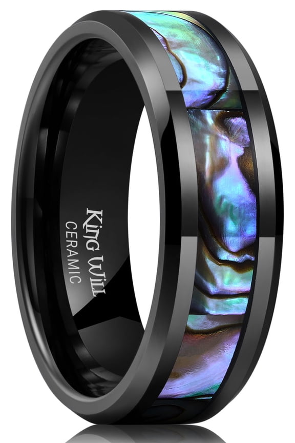 8mm Black Ceramic Ring Opal Shell Inlay Wedding Band Beveled Edge Promise Rings Comfort Fit, Size 8