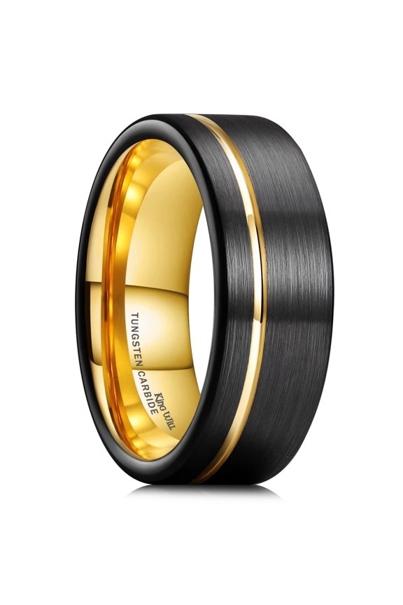 8mm Black Mens Tungsten Wedding Rings Gold Groove Brushed Surface Gold Plated Inner Wedding Band Gold Pipe Cut Edge Comfort Fit Size 10