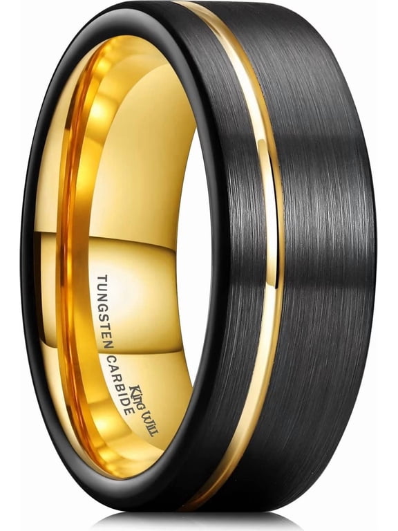 8mm Black Mens Tungsten Wedding Rings Gold Groove Brushed Surface Gold Plated Inner Wedding Band Gold Pipe Cut Edge Comfort Fit Size 12
