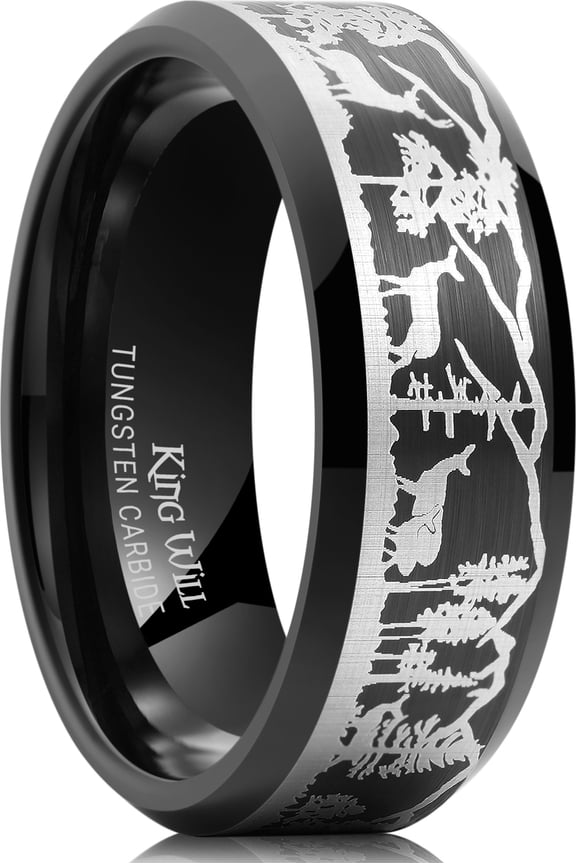 8mm Black Tungsten Wedding Band Lasered with Silver Elk Deer Family Mountain Tree Forest Landscap, Matte Brushed Finish Step Edge Ring for Men Women, Comfort Fit Size 13