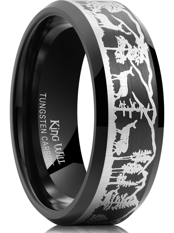 8mm Black Tungsten Wedding Band Lasered with Silver Elk Deer Family Mountain Tree Forest Landscap, Matte Brushed Finish Step Edge Ring for Men Women, Comfort Fit Size 13