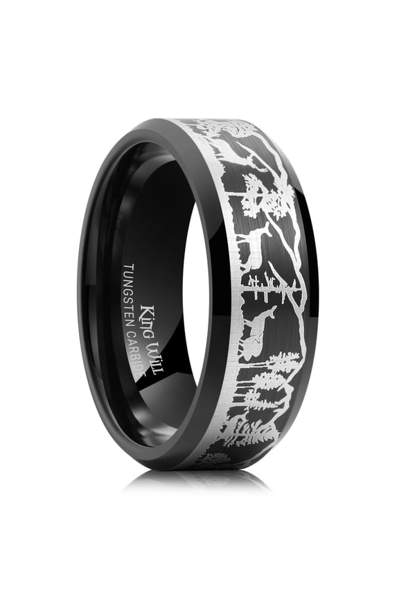 8mm Black Tungsten Wedding Band Lasered with Silver Elk Deer Family Mountain Tree Forest Landscap, Matte Brushed Finish Step Edge Ring for Men Women, Comfort Fit Size 9