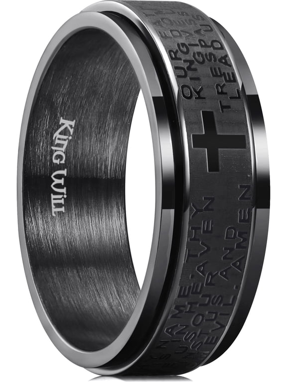 8mm Black Mens Stainless Steel Lord's Prayer Wedding Band Spinner Fidget Ring Comfort Fit Size Wedding Ring Anxiety Ring for Men Comfort Fit Size 10
