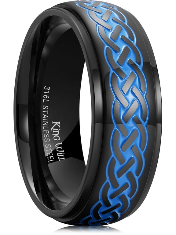 316L Stainless Steel Wedding Ring for Men Women-8mm Width Black Wedding Band with Blue Plated Celtic Knots Pattern Statement Ring Mens Jewelry Comfort Fit Size 8