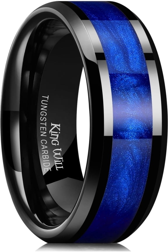 8mm Tungsten Carbide Wedding Band for Men - Black High Polished Inlay Blue Sand Desert Star for Everyday Wear Comfort Fit Size 11