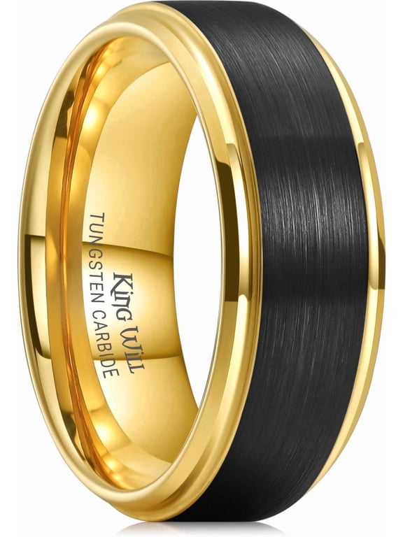 8mm Black Tungsten Carbide Wedding Ring Band for Men Matte Tungsten Ring Inner Gold Plated Step Edge Wedding Band Comfort Fit Men Women 10