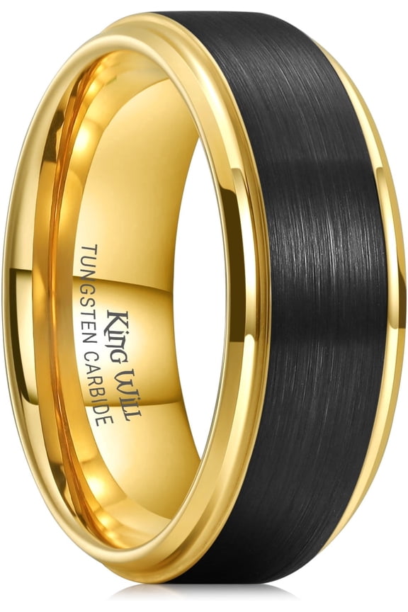 8mm Black Tungsten Carbide Wedding Ring Band for Men Matte Tungsten Ring Inner Plated Gold Step Edge Wedding Band Comfort Fit Men Women 9