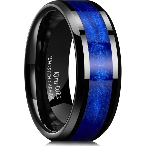 King Will 8mm Tungsten Carbide Wedding Band for Men - Black High Polished Inlay Blue Sand Desert Star for Everyday Wear Comfort Fit Size 12