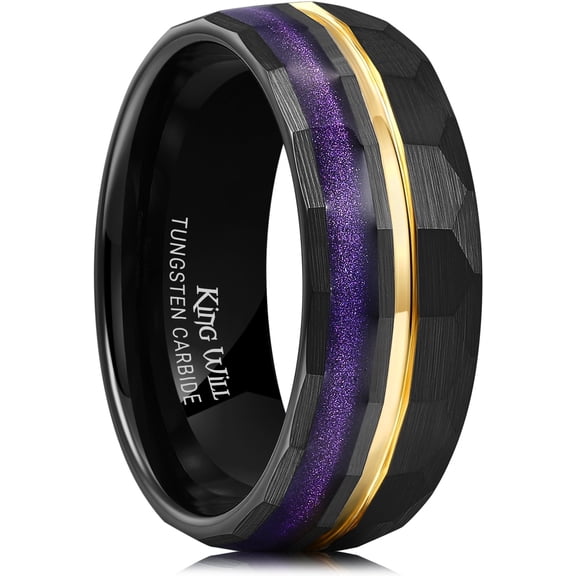King Will 8mm Black Tungsten Ring for Men Hammered Wedding Band Engagement Rings Gold Groove Centre Purple Sand Inlay Domed Style Comfort Fit Durable Size 8