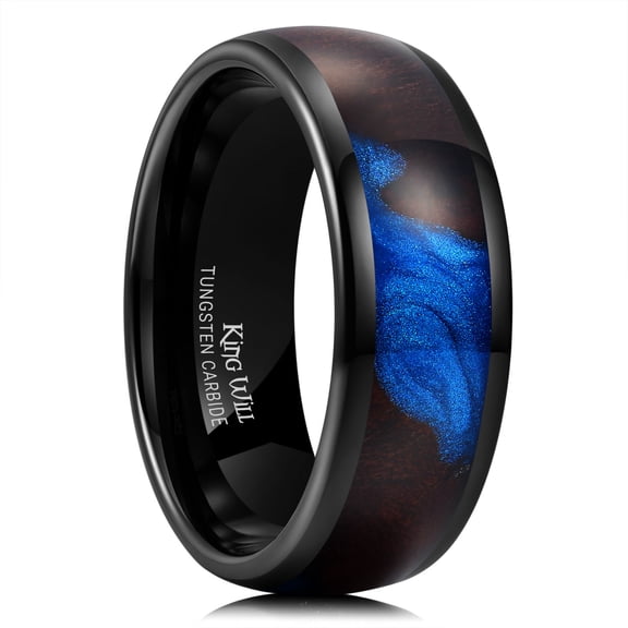 King Will 8mm Black Tungsten Rings, Men's Wedding Rings Blue Sand Inlay Domed Ring for Men Women, Comfort Fit, Durable, Size 8