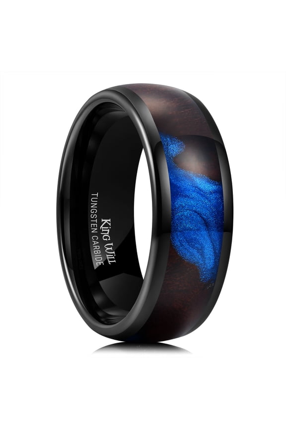 8mm Black Tungsten Rings, Men's Wedding Rings Blue Sand Inlay Domed Ring for Men Women, Comfort Fit, Durable, Size 8
