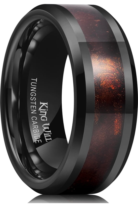 8mm Men's Black Wedding Band with Black Burl Wood & Dark Orange Sand Inlay, Tungsten Engagement Ring for Men Women, Beveled Edge Comfort Fit Size 10