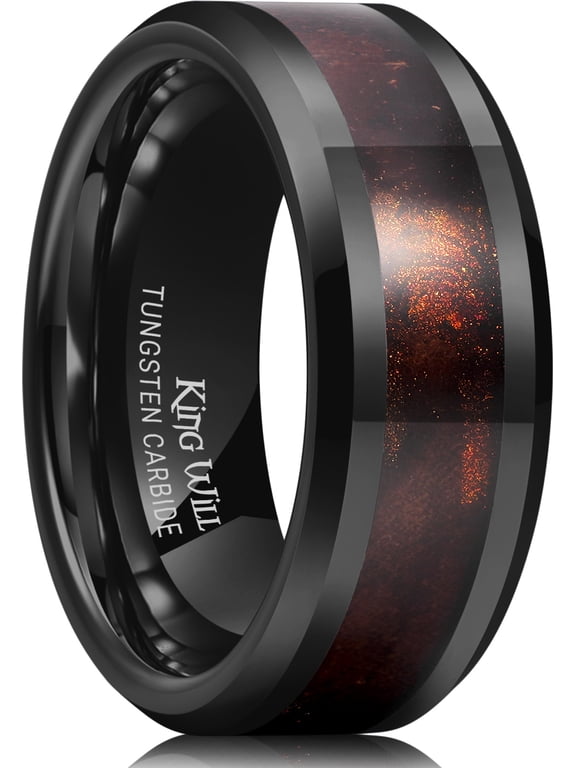 8mm Men's Black Wedding Band with Black Burl Wood & Dark Orange Sand Inlay, Tungsten Engagement Ring for Men Women, Beveled Edge Comfort Fit Size 12
