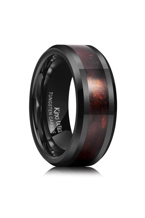 8mm Men's Black Wedding Band with Black Burl Wood & Dark Orange Sand Inlay, Tungsten Engagement Ring for Men Women, Beveled Edge Comfort Fit Size 9