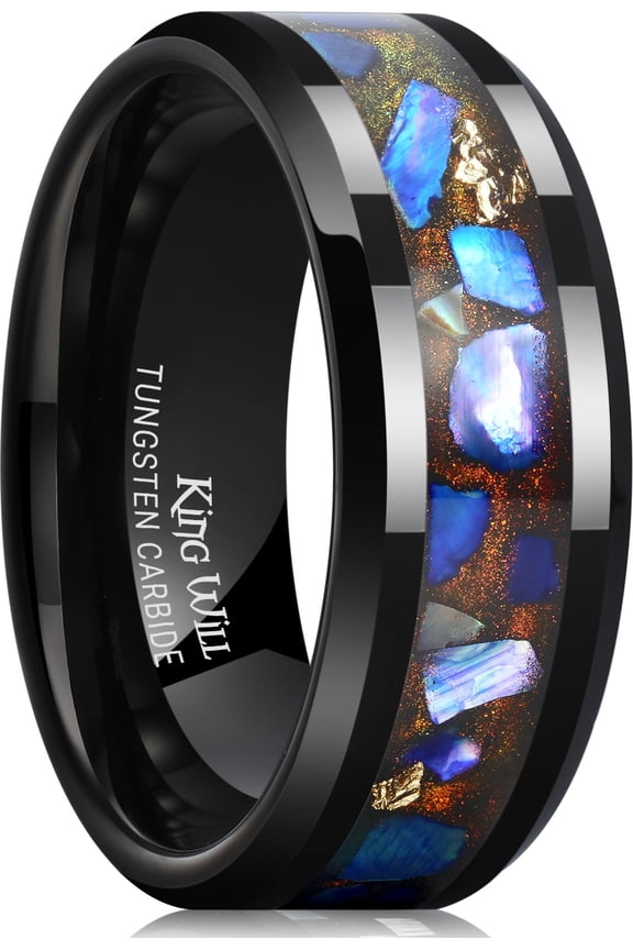 Mens 8mm Black Tungsten Rings for Men with Colorful Shell Abalone Foils Inlay Unique Wedding Bands Hammered Beveled Edges High Polished Comfort Fit Durable, Size 10
