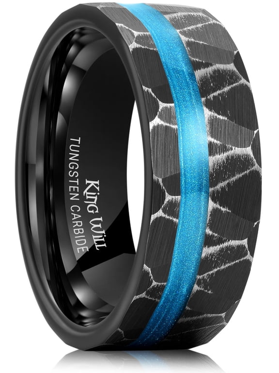 8mm Black Tungsten Rings, Men's Wedding Rings Blue Sand Inlay Hammered Ring for Men Women, Comfort Fit, Durable, Size 9