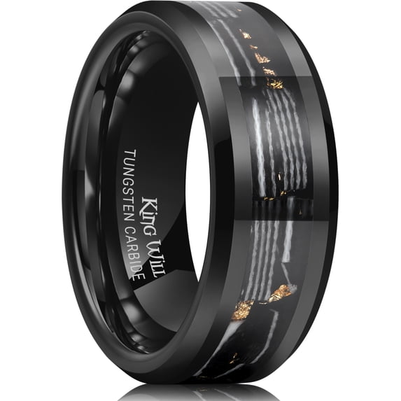 King Will 8mm Black Tungsten Wedding Band, Men's Rings Black and White Stone-Shaped Wrinkled Foils Inlay, Engegement Beveled Edge Ring for Men Women, Comfort Fit, Durable, Size 13