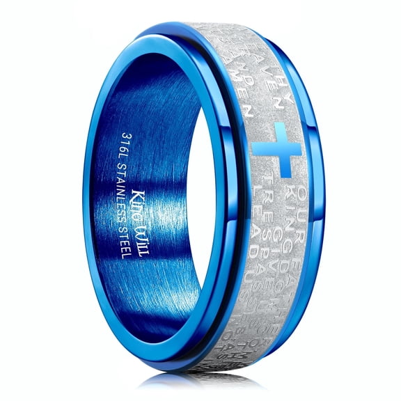 King Will 8mm Blue Stainless Steel Lord's Prayer Spinner Fidget Ring, Silver Anxiety Stress Relief Ring with Cross Engraved for Men Women, Durable and Comfort Fit, Size 10