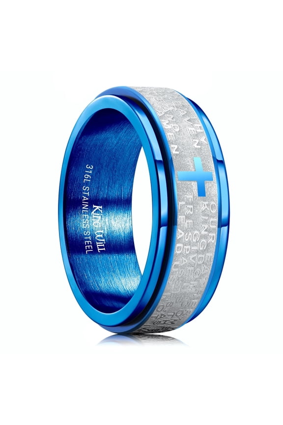 8mm Blue Stainless Steel Lord's Prayer Spinner Fidget Ring, Silver Anxiety Stress Relief Ring with Cross Engraved for Men Women, Durable and Comfort Fit, Size 10