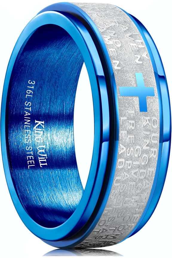 8mm Blue Stainless Steel Lord's Prayer Spinner Fidget Ring, Silver Anxiety Stress Relief Ring with Cross Engraved for Men Women, Durable and Comfort Fit, Size 11