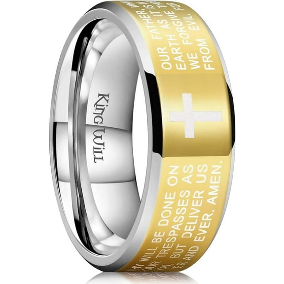 King Will 8mm Gold Lord's Prayer Cross Ring Stainless Steel Ring Gold Silver Wedding Band Bible Engraved Rings High Polished Comfort Fit Size 11