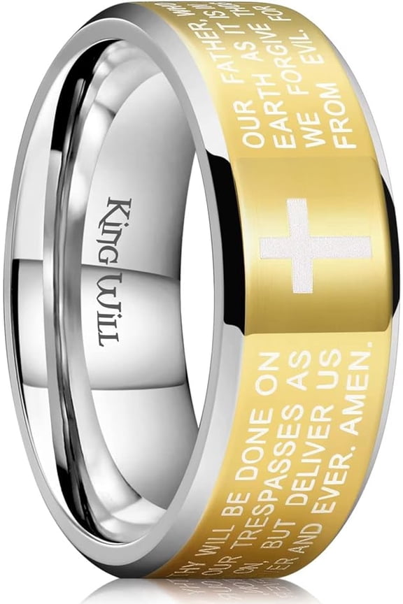 8mm Gold Lord's Prayer Cross Ring Stainless Steel Ring Gold Silver Wedding Band Bible Engraved Rings High Polished Comfort Fit Size 14