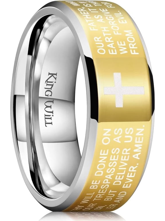 8mm Gold Plated Lord's Prayer Cross Ring Stainless Steel Ring Wedding Band with Silver Bible Engraved Rings High Polished Comfort Fit Size 7