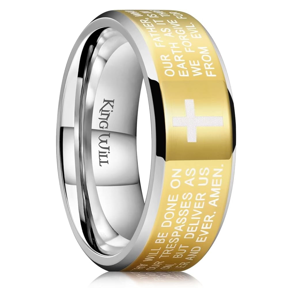 King Will 8mm Gold Lord's Prayer Cross Ring Stainless Steel Ring Gold ...