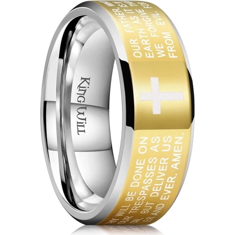 8mm Gold Plated Lord's Prayer Cross Ring Stainless Steel Ring Wedding Band with Silver Bible Engraved Rings High Polished Comfort Fit Size 8