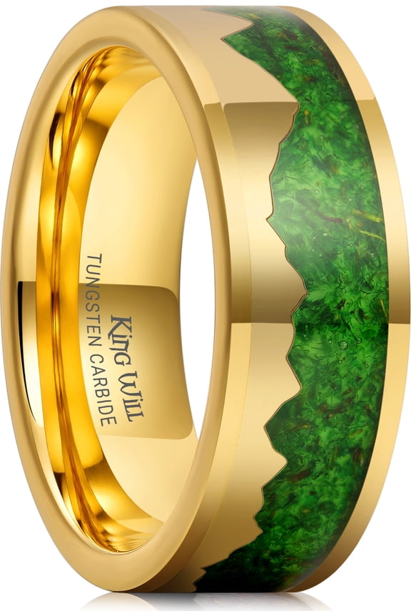 8mm Gold Wedding Band Inlay with Gold Mountain Degisn Sticker, Green Algae and Mosses Base Tungsten Ring for Men Women, Engagement Ring for Couples, Flat Cut Edge Comfort Fit Size 9