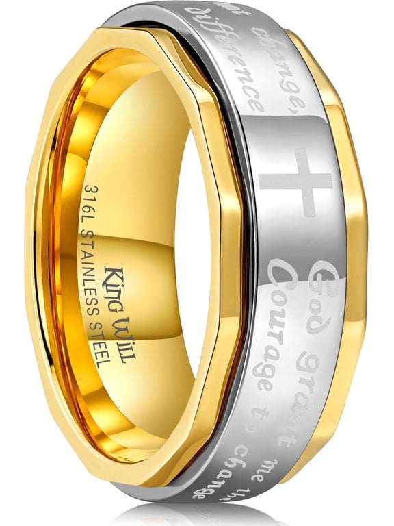 8mm Gold Spinner Rings Stainless Steel Silver Religious Cross Serenity Prayer Rotatable Ring Anxiety Fidget Relief for Men Women, Size 12