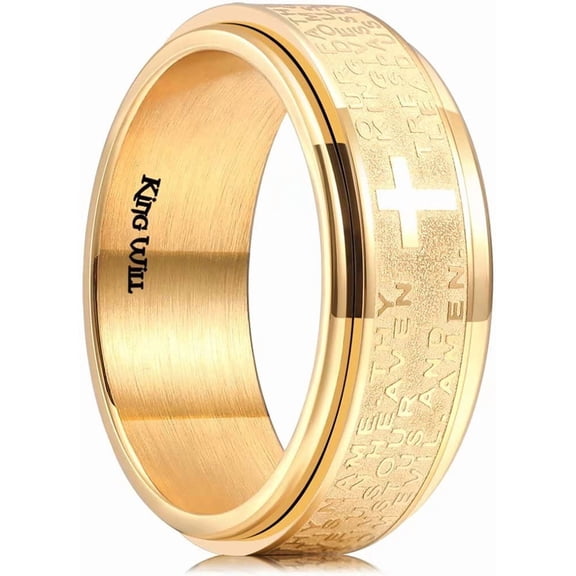 King Will 8mm Mens Gold Stainless Steel Lord's Prayer Wedding Band Spinner Fidget Ring Comfort Fit Size Wedding Ring Anxiety Ring for Men Comfort Fit Size 10