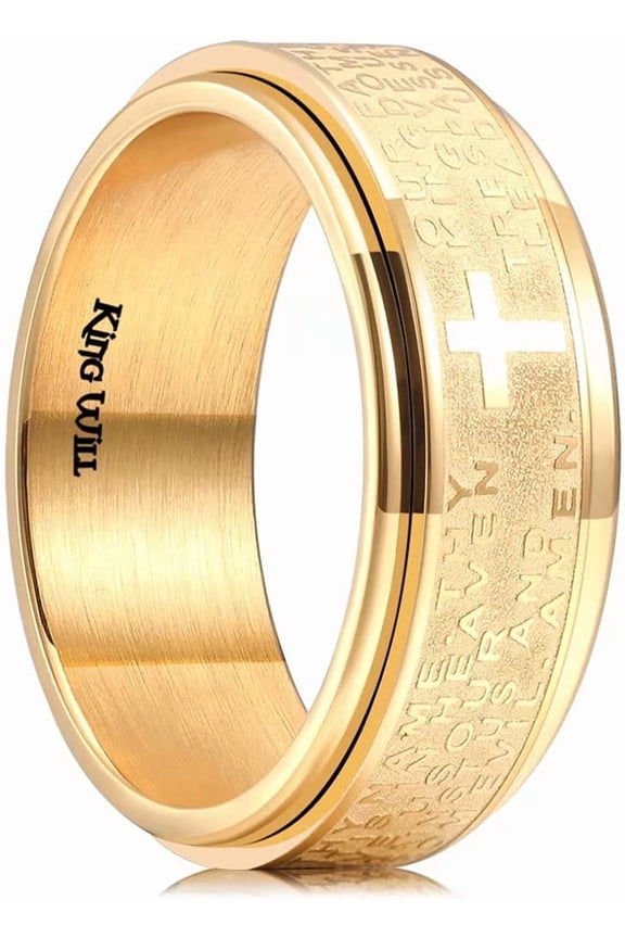 8mm Mens Gold Stainless Steel Lord's Prayer Wedding Band Spinner Fidget Ring Comfort Fit Size Wedding Ring Anxiety Ring for Men Comfort Fit Size 10