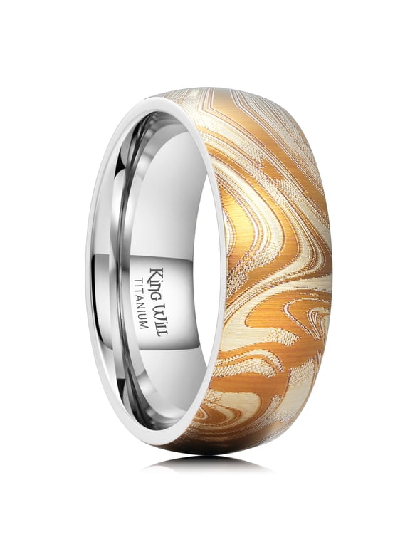 8mm Gold Titanium Rings, Men's Wedding Rings Damascus Steel Pattern Laser Domed Wedding Band for Men Women Comfort Fit and Durable, Size 9