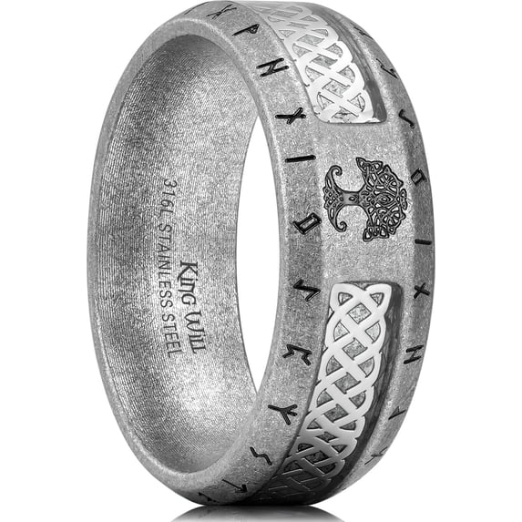 King Will 316L Stainless Steel Wedding Band - Vintage Grey Ring Designed with Tree of Life & Viking Rune and Celtic Knot Sticker Inlay, 8mm Mens Ring Beveled Edge, Comfort Fit Size 7