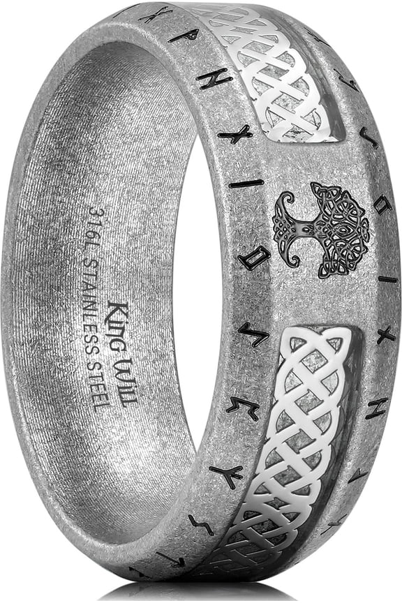 316L Stainless Steel Wedding Band - Vintage Grey Ring Designed with Tree of Life & Viking Rune and Celtic Knot Sticker Inlay, 8mm Mens Ring Beveled Edge, Comfort Fit Size 9