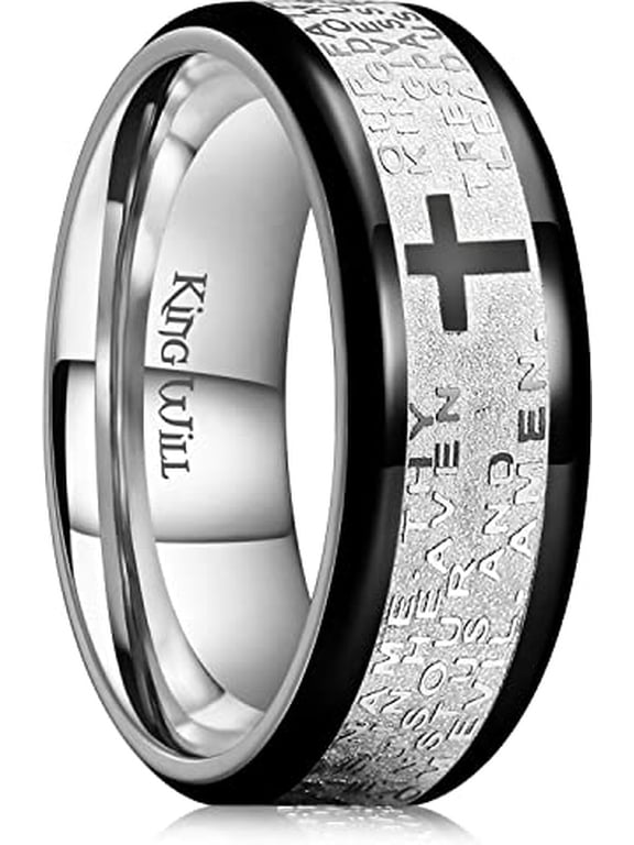 8mm Lord's Prayer Cross Ring Stainless Steel Ring Black Silver Wedding Band Bible Engraved Rings High Polished Black Edge Comfort Fit Size 12