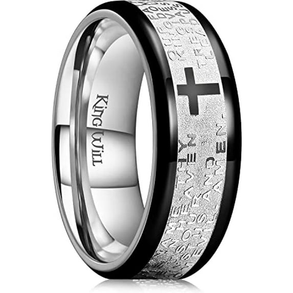 King Will 8mm Lord's Prayer Cross Ring Stainless Steel Ring Black Silver Wedding Band Bible Engraved Rings High Polished Black Edge Comfort Fit Size 7