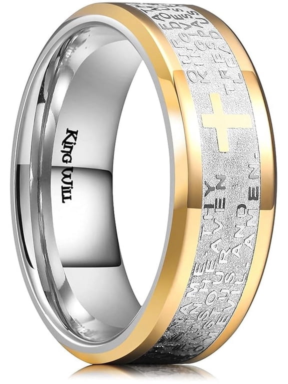 8mm Lord's Prayer Cross Ring Stainless Steel Ring Gold Silver Wedding Band Comfort Fit Size 10