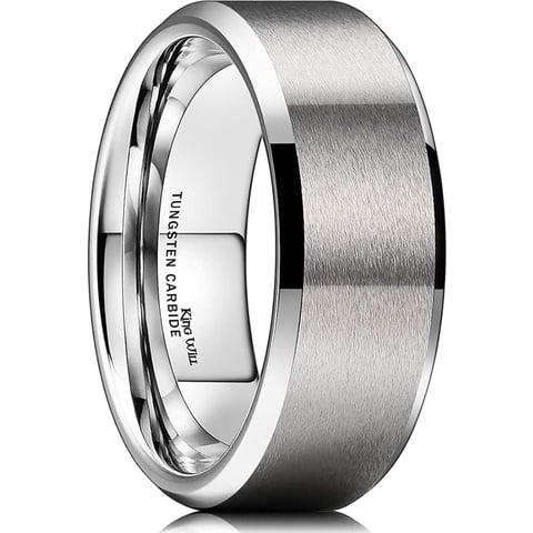 8mm Men's Silver Tungsten Carbide Wedding Ring - Brushed Matte Surface, Beveled Polished Edge, Comfort Fit Size 11