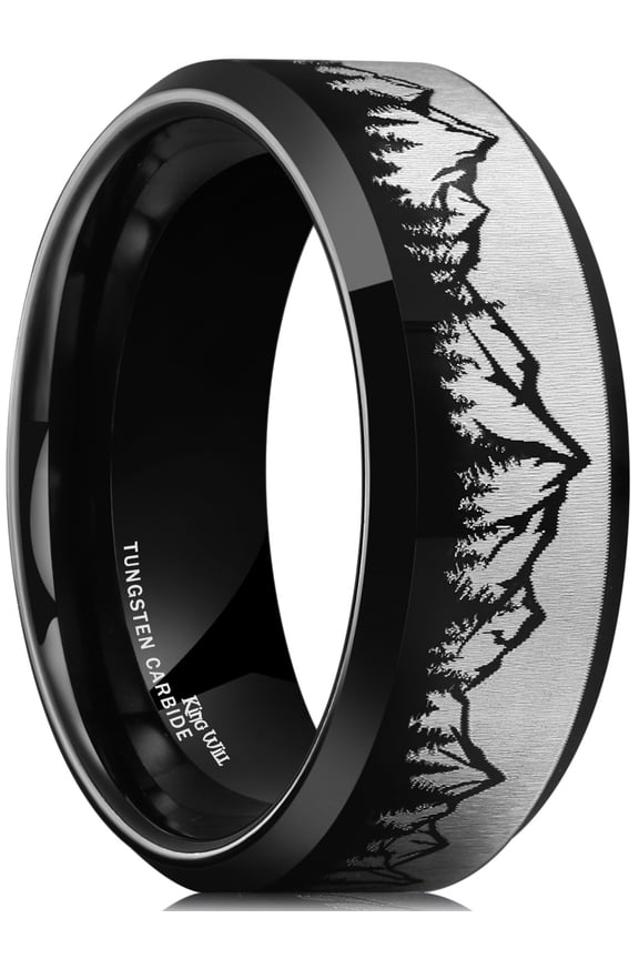 8mm Mens Wedding Band Black Plated Tungsten Wedding Ring for Men Silver Mountain Tree Lasered Rings Polished Beveled Edge Comfort Fit Ring Size 10