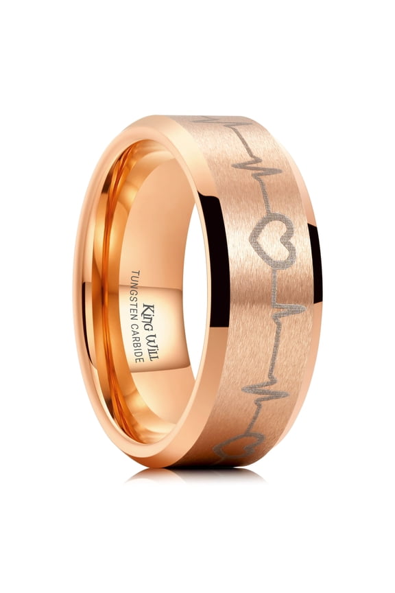 8mm Rose Gold Tungsten Wedding Bands, Silver Electrocardiogram Lasered Wedding Rings for Men Women Matte Brushed Finish Beveled Edge, Comfort Fit & Durable, Size 10