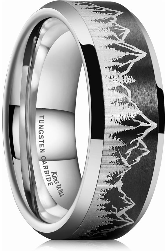 8mm Silver Black Mens Tungsten Wedding Ring Lasered Forest Landscap Pattern Mountains Trees Matte Finish Wedding Band Beveled Polished Edge 10