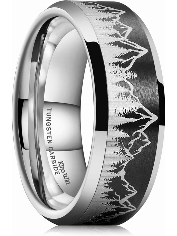8mm Silver Black Mens Tungsten Wedding Ring Lasered Forest Landscap Pattern Mountains Trees Matte Finish Wedding Band Beveled Polished Edge 10