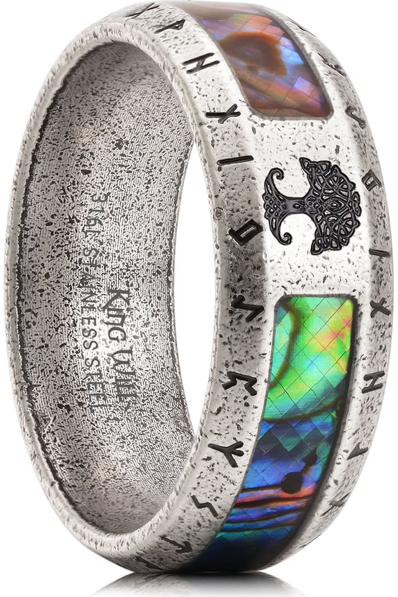 316L Stainless Steel Wedding Band - Vintage Silver Ring Designed with Tree of Life & Viking Rune and Abalone Shell Inlay, 8mm Mens Ring Beveled Edge, Comfort Fit Size 11